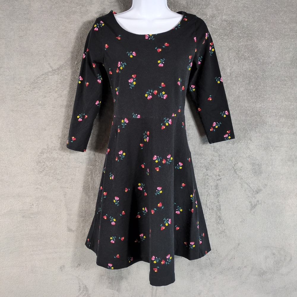 Old Navy Womens Black Floral Fit and Flare Dress 3/4‎ Sleeve Scoop Neck Small